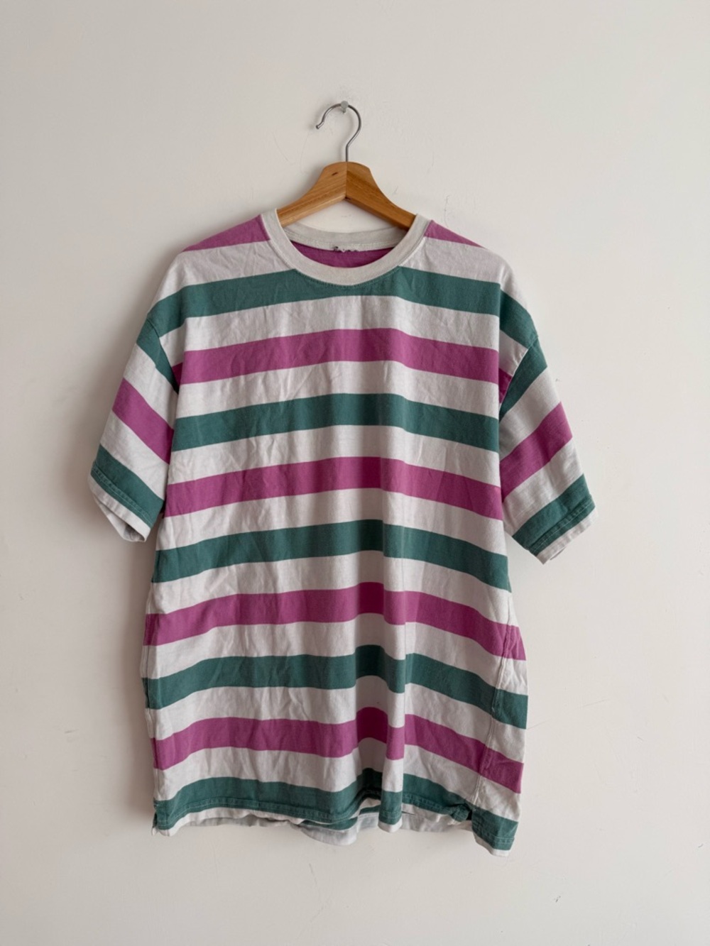 Striped Crewneck T-Shirt in White, Teal & Magenta